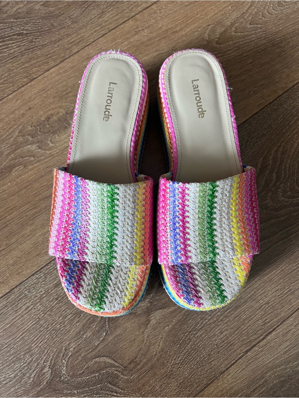 Larroudé Alex Rainbow Raffia Flatform Platform Slide Sandals